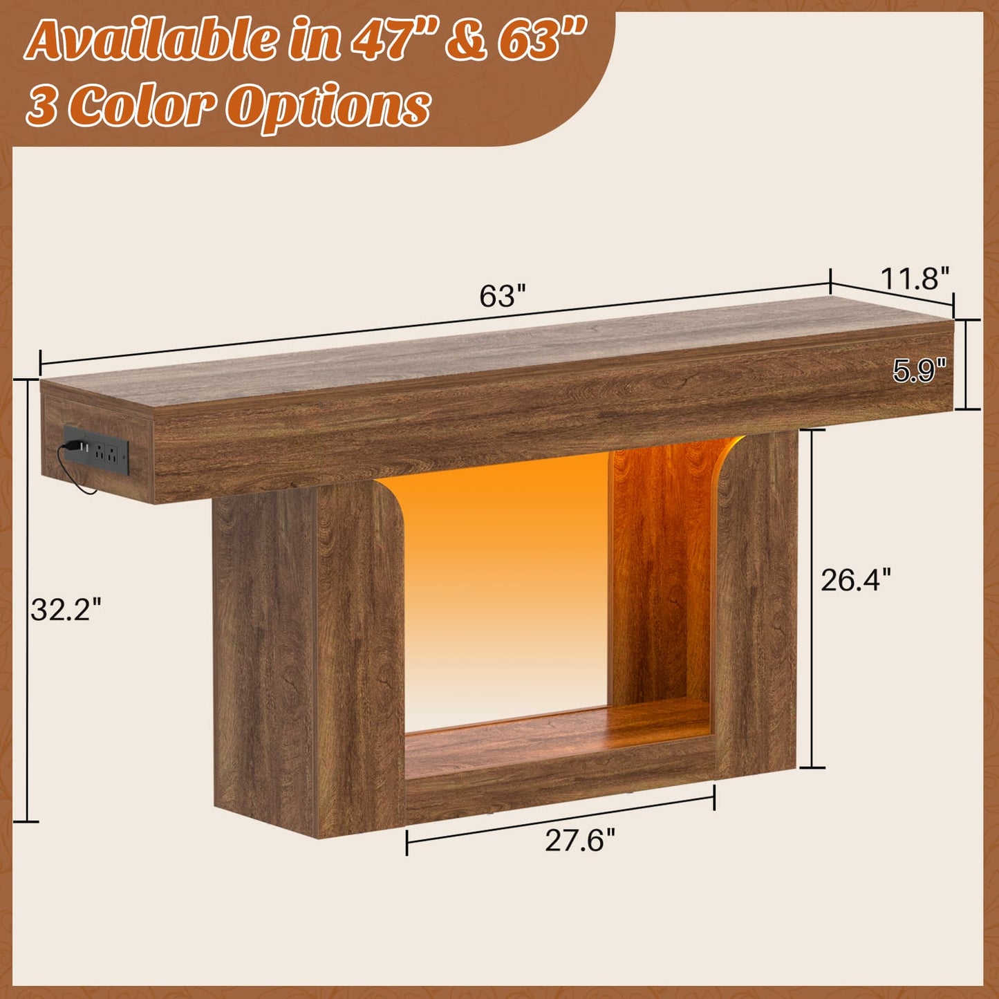 63" Farmhouse Console Table -LED Lights & Charging Station, Narrow Sofa Table for Entryway, Living Room, Foyer, Hallway, Behind Couch