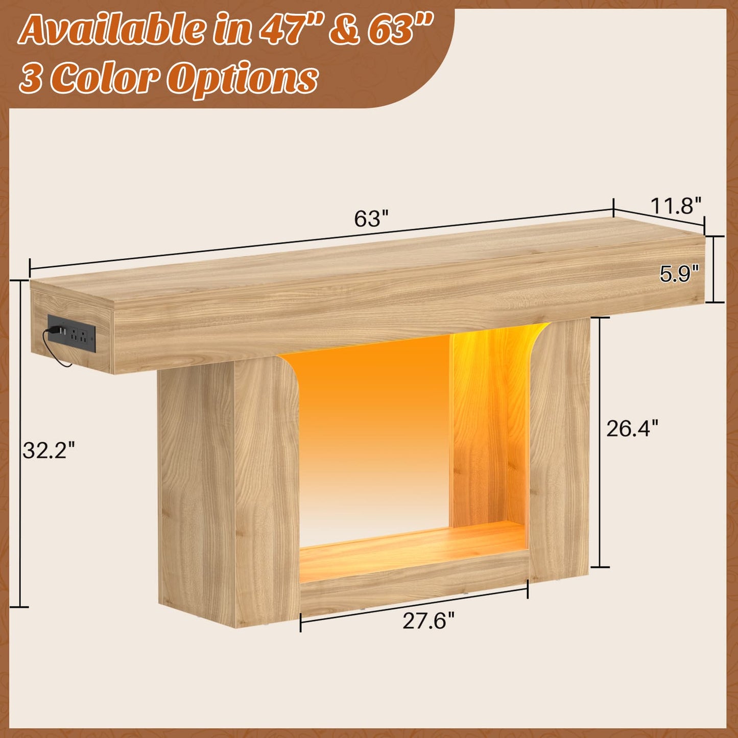 63" Farmhouse Console Table -LED Lights & Charging Station, Narrow Sofa Table for Entryway, Living Room, Foyer, Hallway, Behind Couch