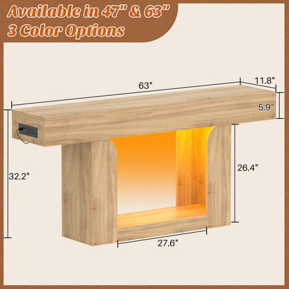 63" Farmhouse Console Table -LED Lights & Charging Station, Narrow Sofa Table for Entryway, Living Room, Foyer, Hallway, Behind Couch