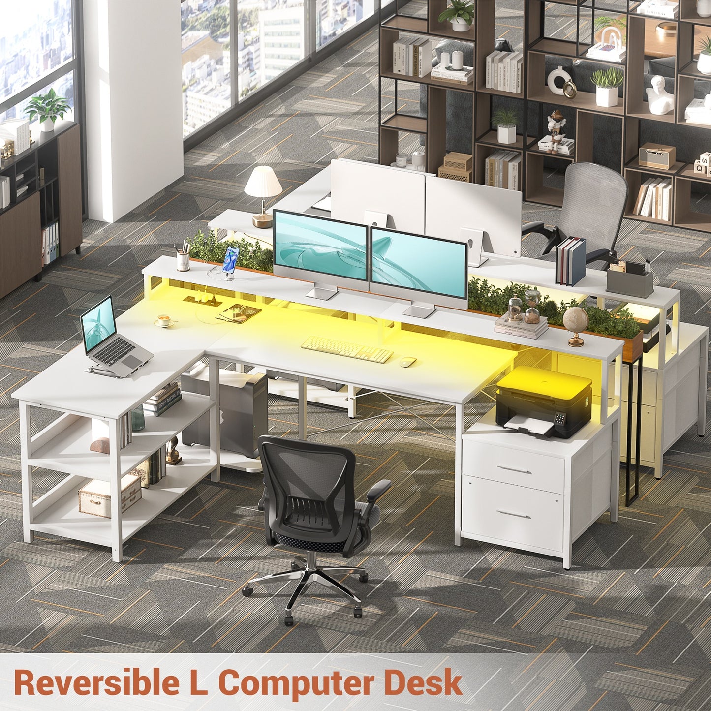L Shaped Desk with File Drawer, 72.8" Reversible L Shaped Computer Desk with Power Outlet & LED Strip