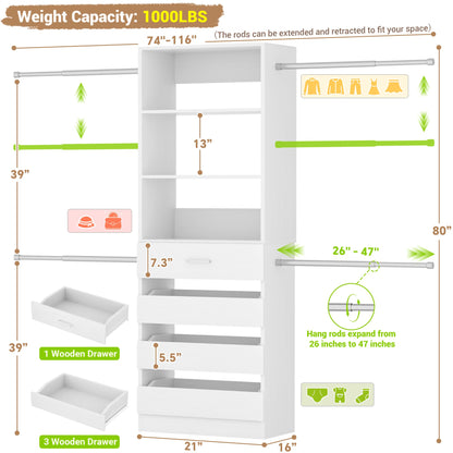 4-9 Ft Adjustable Wooden Closet Organizer System