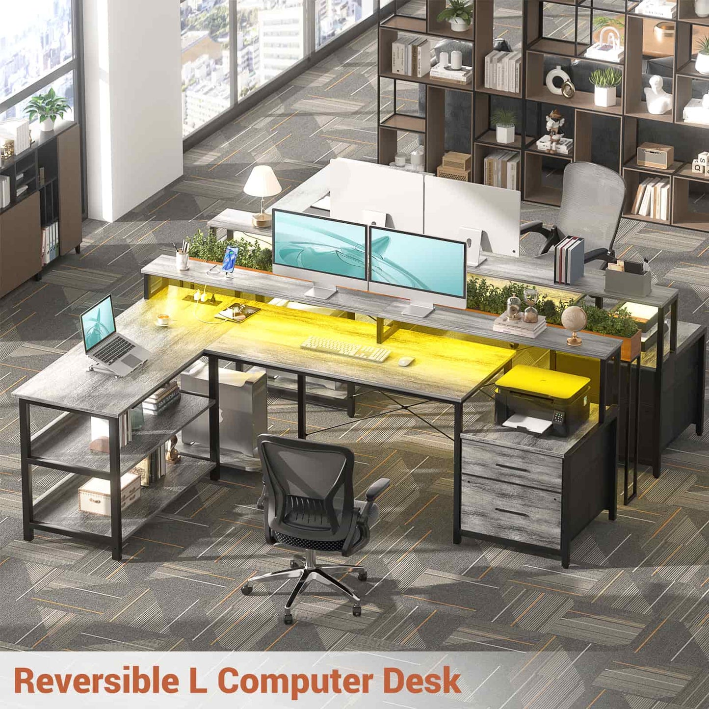L Shaped Desk with File Drawer, 72.8" Reversible L Shaped Computer Desk with Power Outlet & LED Strip