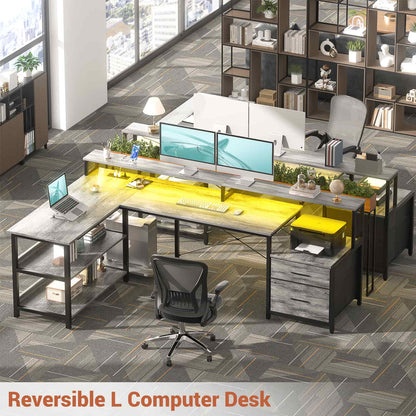 L Shaped Desk with File Drawer, 72.8" Reversible L Shaped Computer Desk with Power Outlet & LED Strip