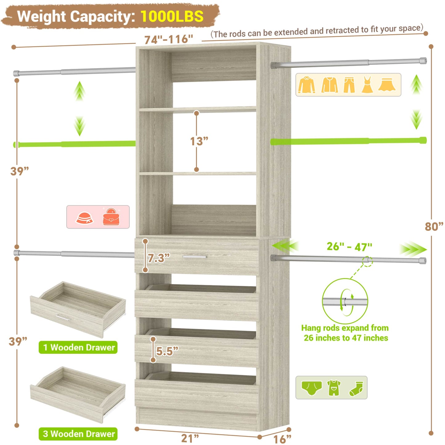 4-9 Ft Adjustable Wooden Closet Organizer System