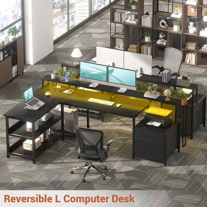 L Shaped Desk with File Drawer, 72.8" Reversible L Shaped Computer Desk with Power Outlet & LED Strip