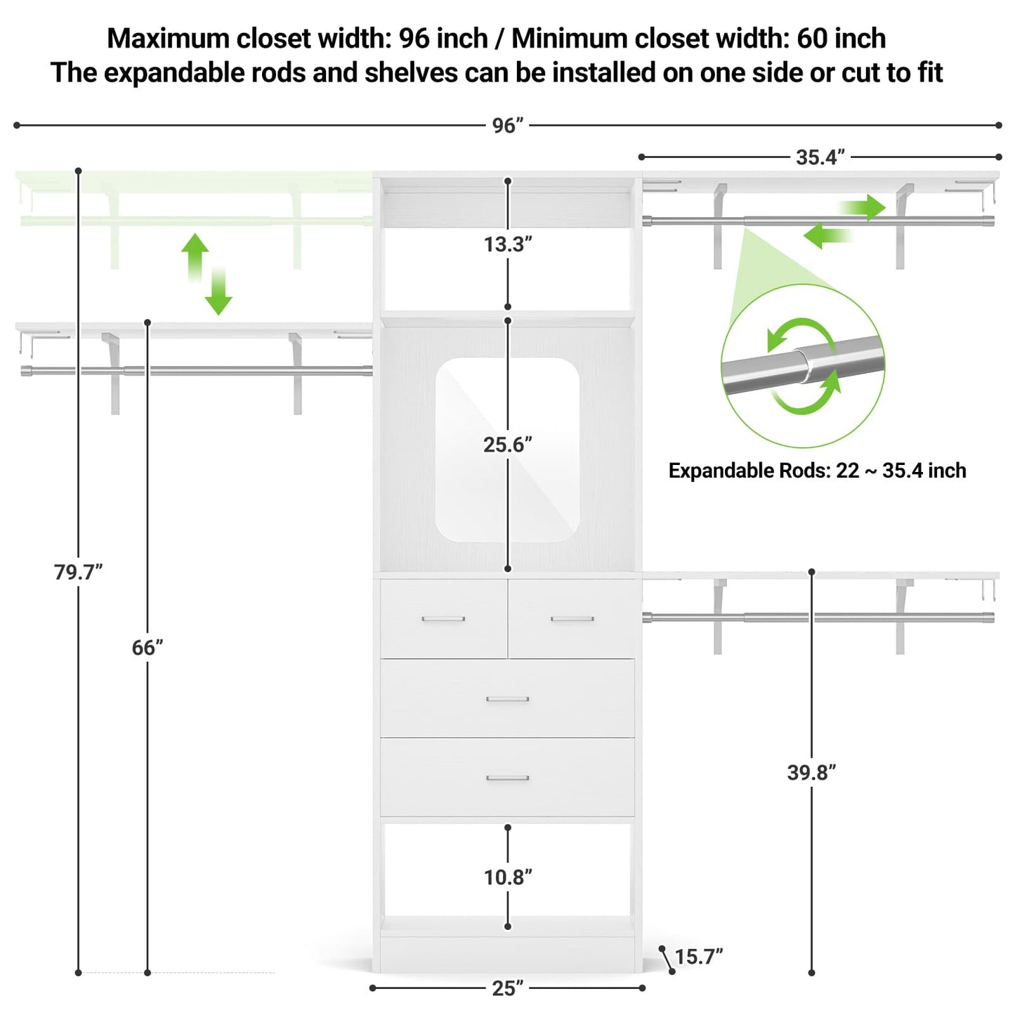 8FT Walk in Closet Organizer with 3 Hanging rods and Shelves