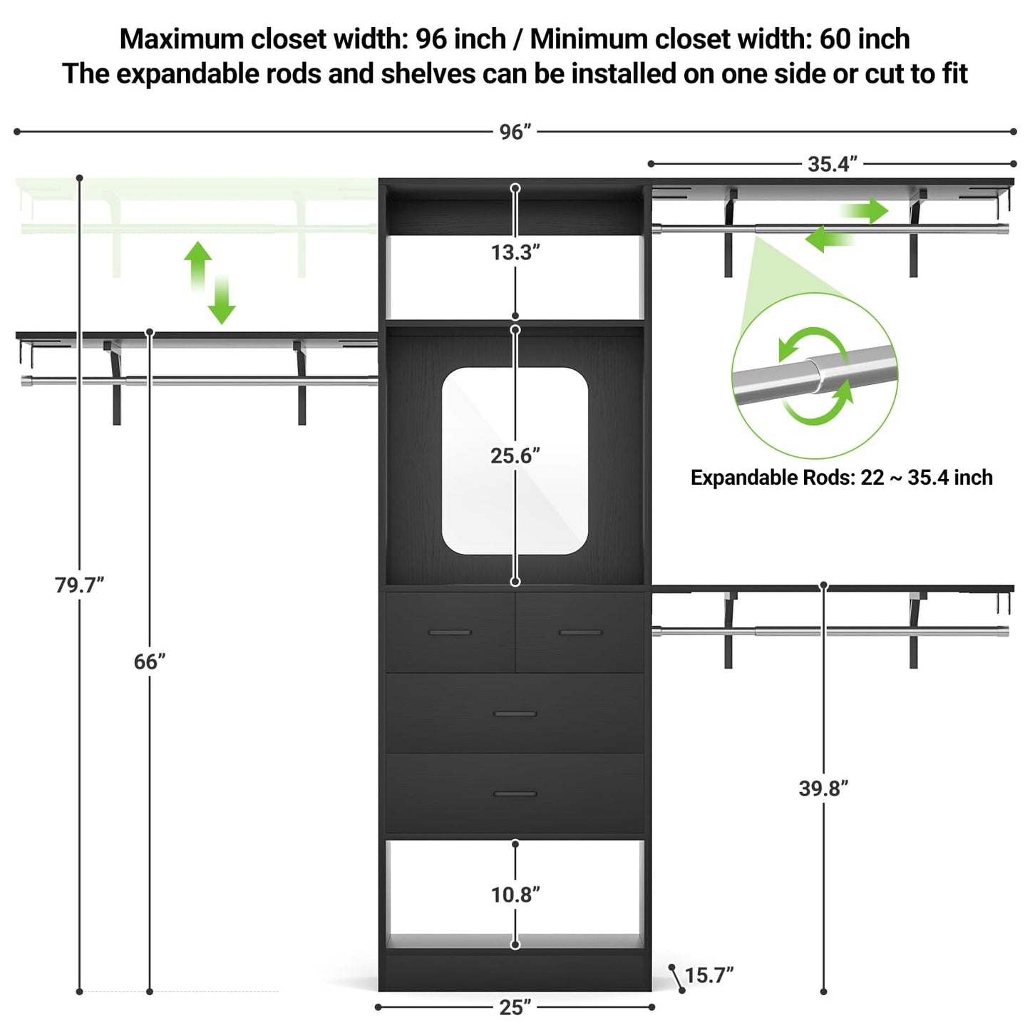 8FT Walk in Closet Organizer with 3 Hanging rods and Shelves