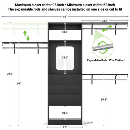 8FT Walk in Closet Organizer with 3 Hanging rods and Shelves