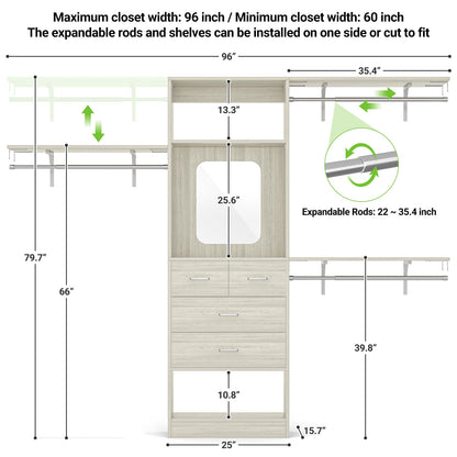 8FT Walk in Closet Organizer with 3 Hanging rods and Shelves