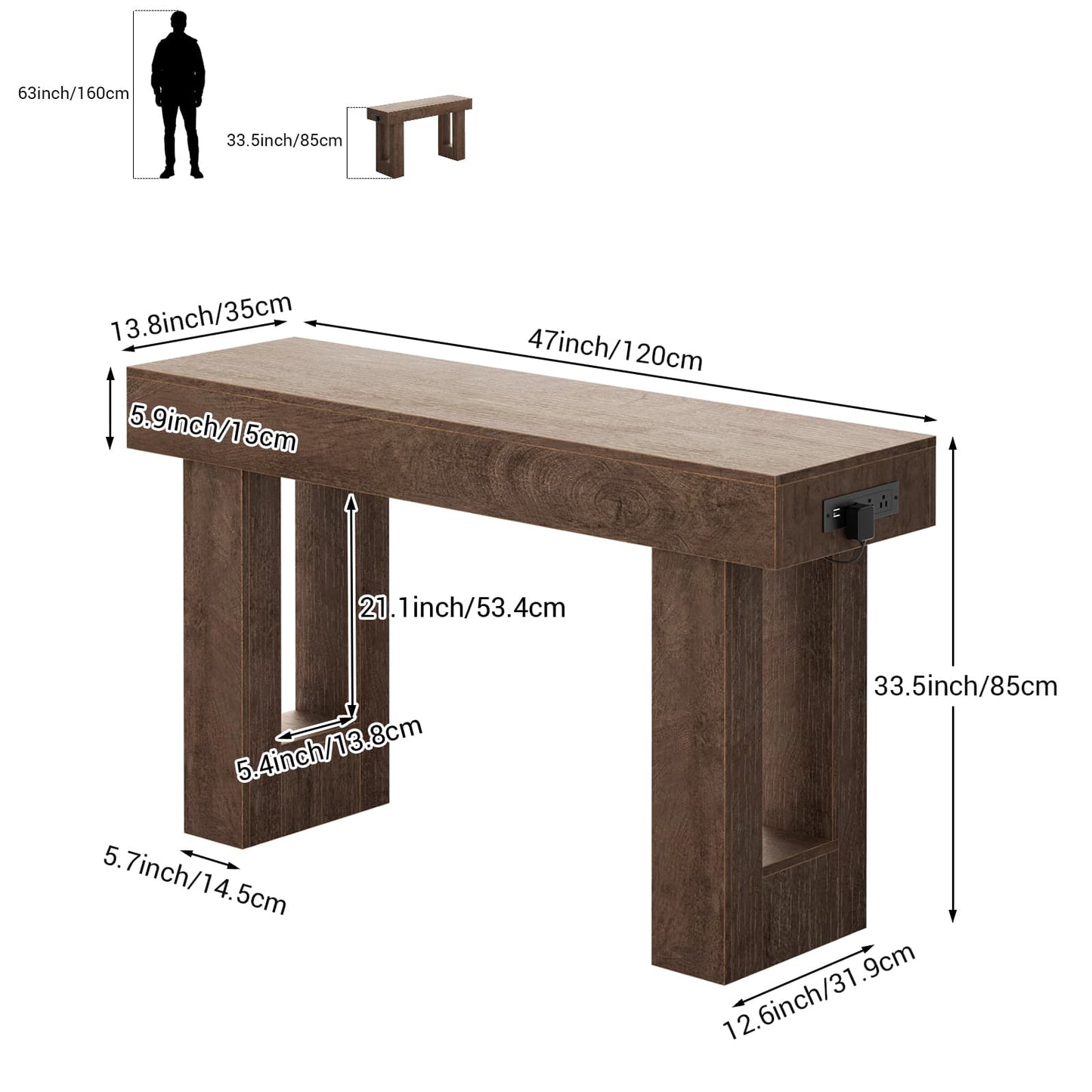 47" Console Table with Socket & Sensor Light, Narrow Entryway Table with Storage for Hallway/Living Room, Farmhouse Style