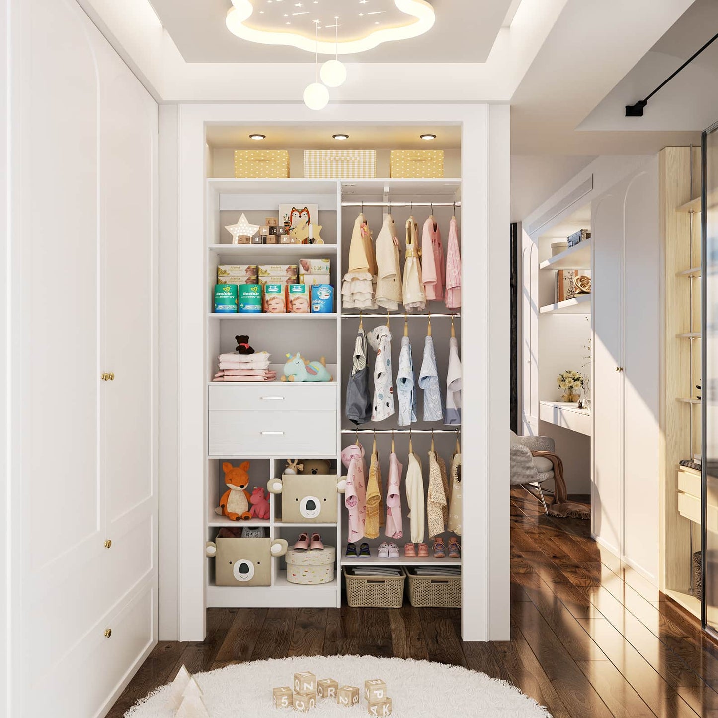 5FT Small Closet System, Baby Closet Organizer System with Wooden Drawers