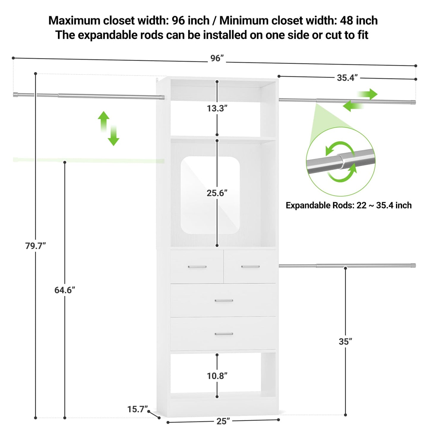 8FT Walk in Closet Systems Starter Kit with 25” Tower and 3 Extendable Hanging Rods