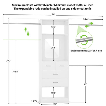 8FT Walk in Closet Systems Starter Kit with 25” Tower and 3 Extendable Hanging Rods