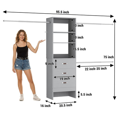 96" Closet System 2-Pack with 6 Hanging Rods & 6 Wooden Drawers - Adjustable Width (5-8FT Each)