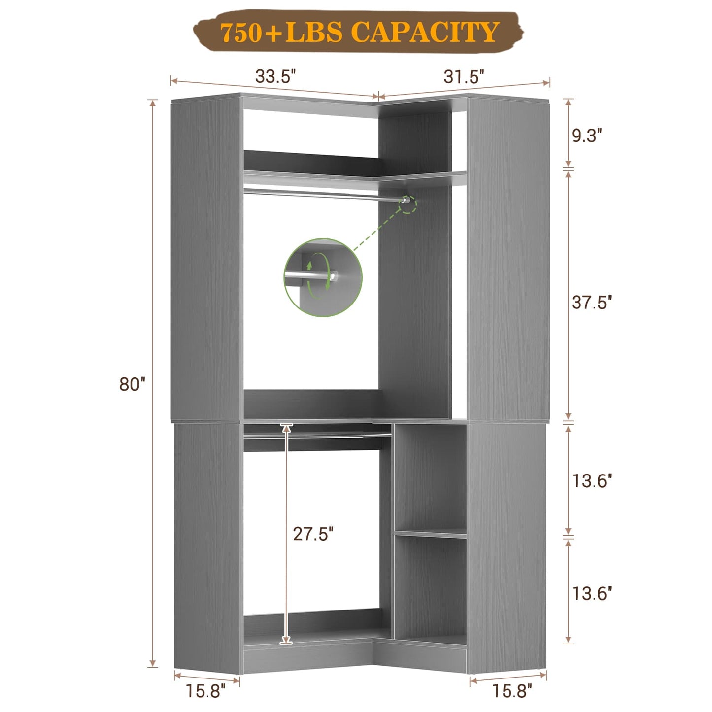 34’’ Corner Closet System with Shelves and Hanging Rods