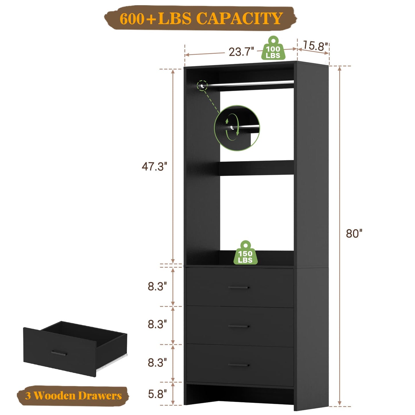 2FT Closet System with Wooden Drawers