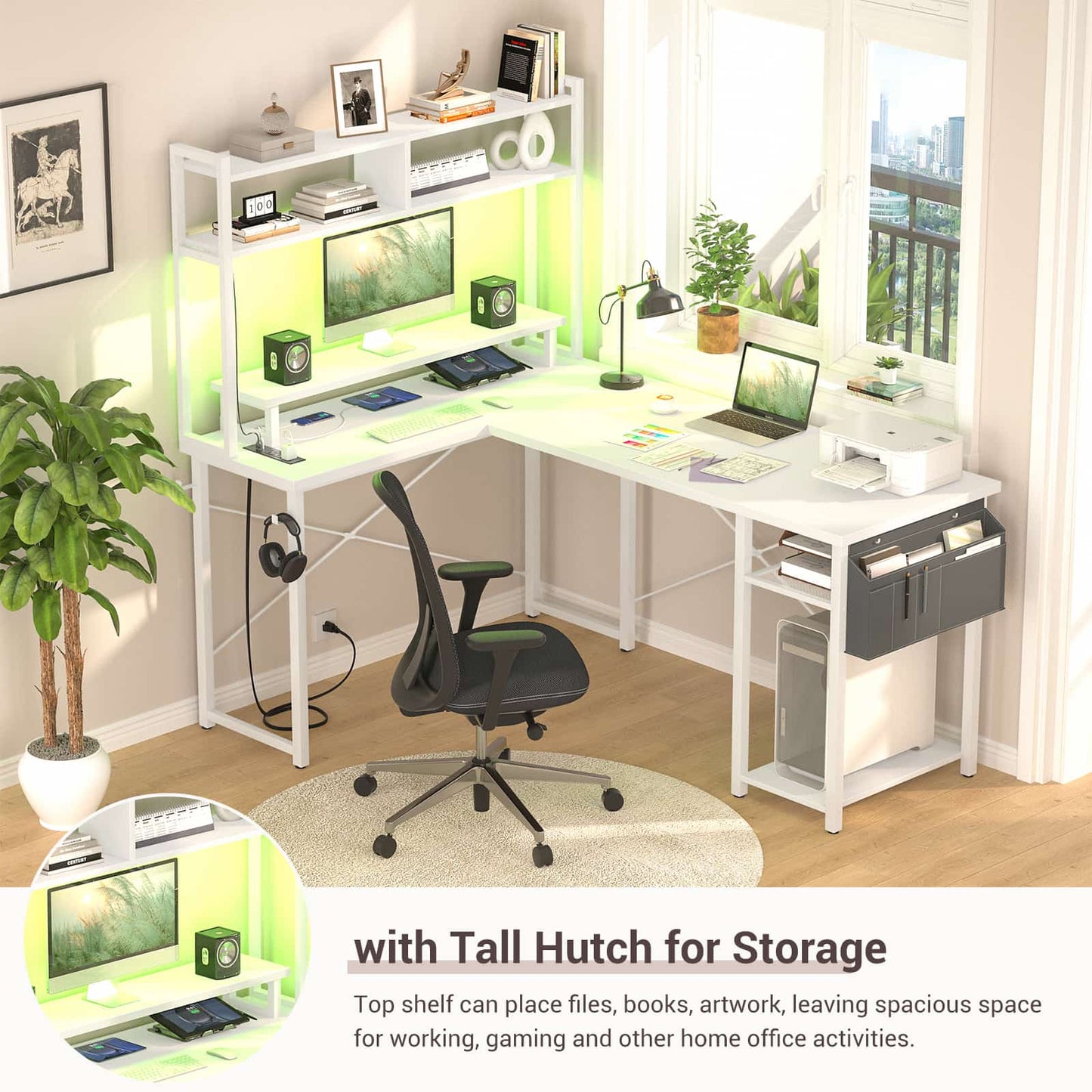 L Shaped Computer Desk with Power Outlets & LED Lights