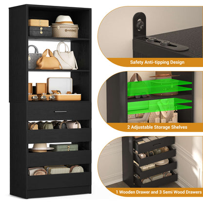 Space-Saving Modular Closet Organizer System with 4 Drawers & Adjustable Shelves - Wood Storage Cabinet