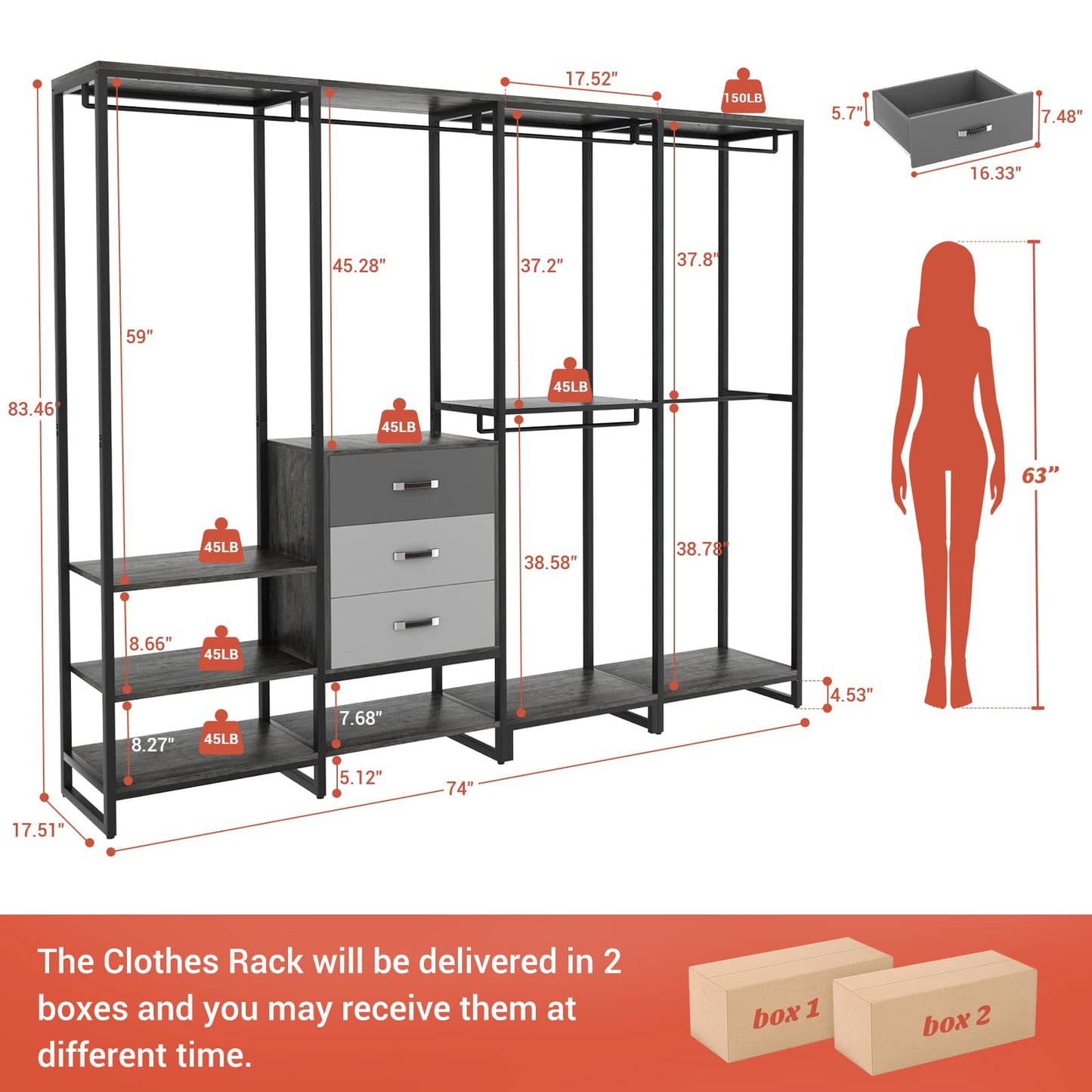 Closet System Organizer Walk-in Closet for Bedroom with 3 Wood Drawers