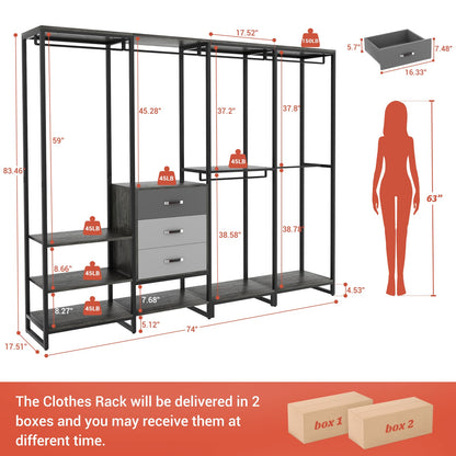 Closet System Organizer Walk-in Closet for Bedroom with 3 Wood Drawers