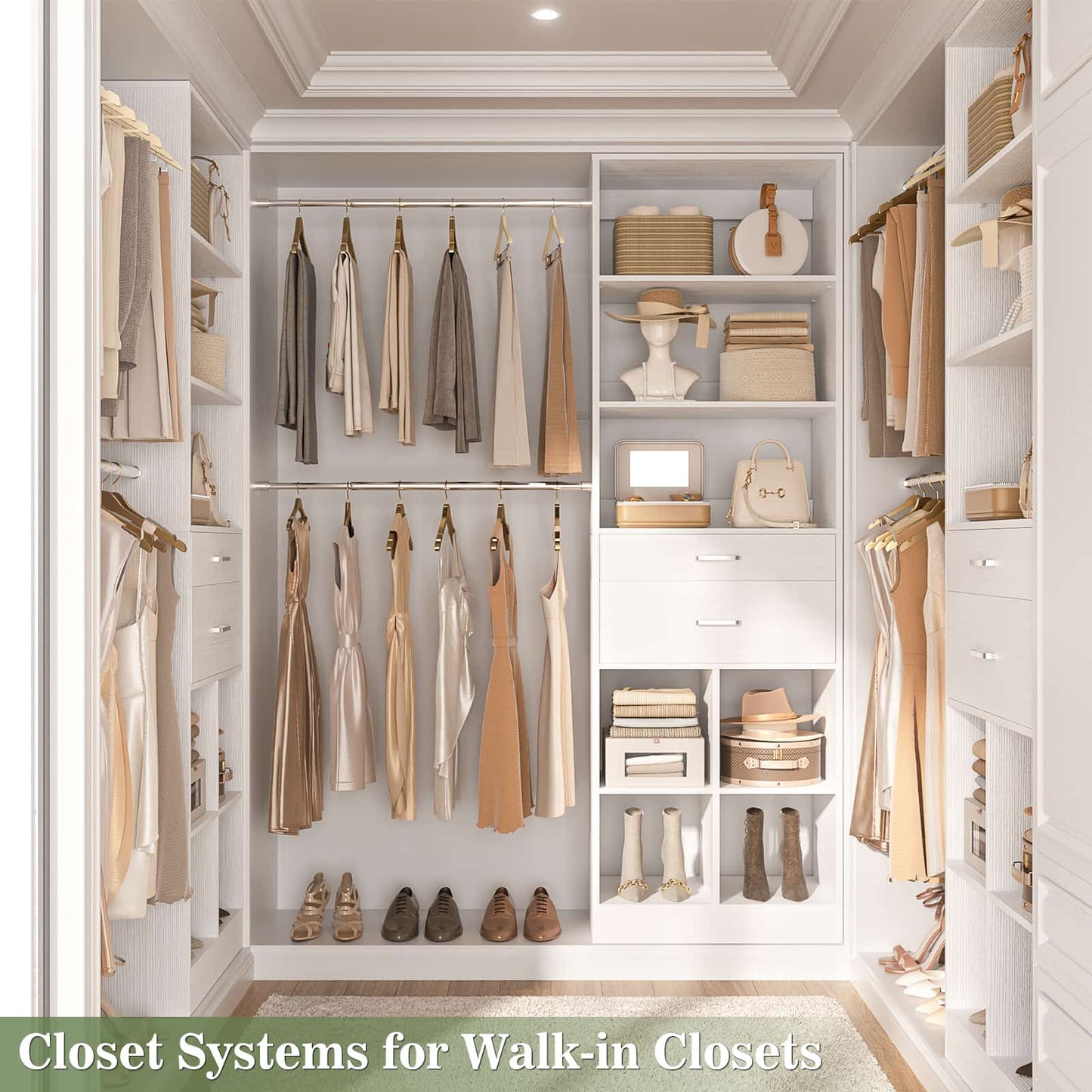 4-8 FT Walk-in Closet Organizer Tower, 2 Wooden Drawers + 5 Hang Rods, Built-in Shelves, Fit 60-96'' Closet Systems
