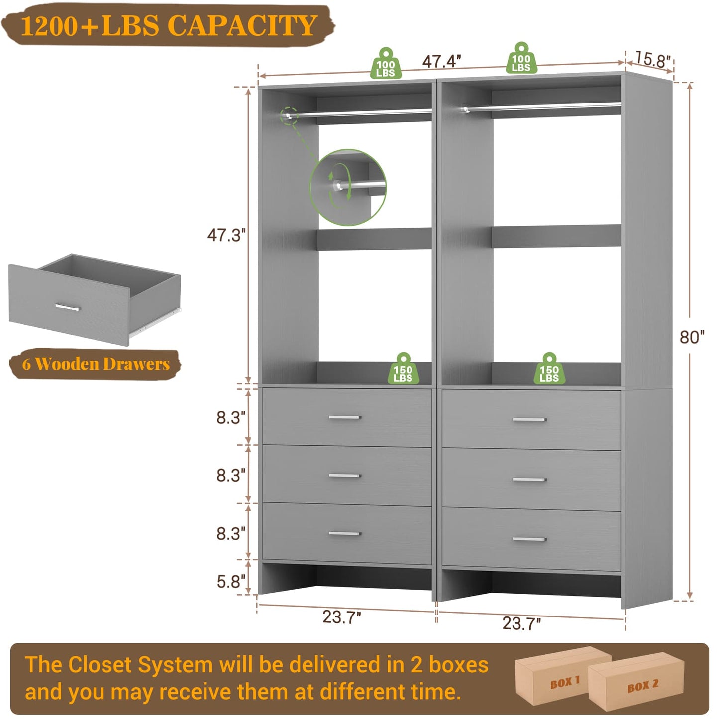 4FT Closet System with Wooden Drawers