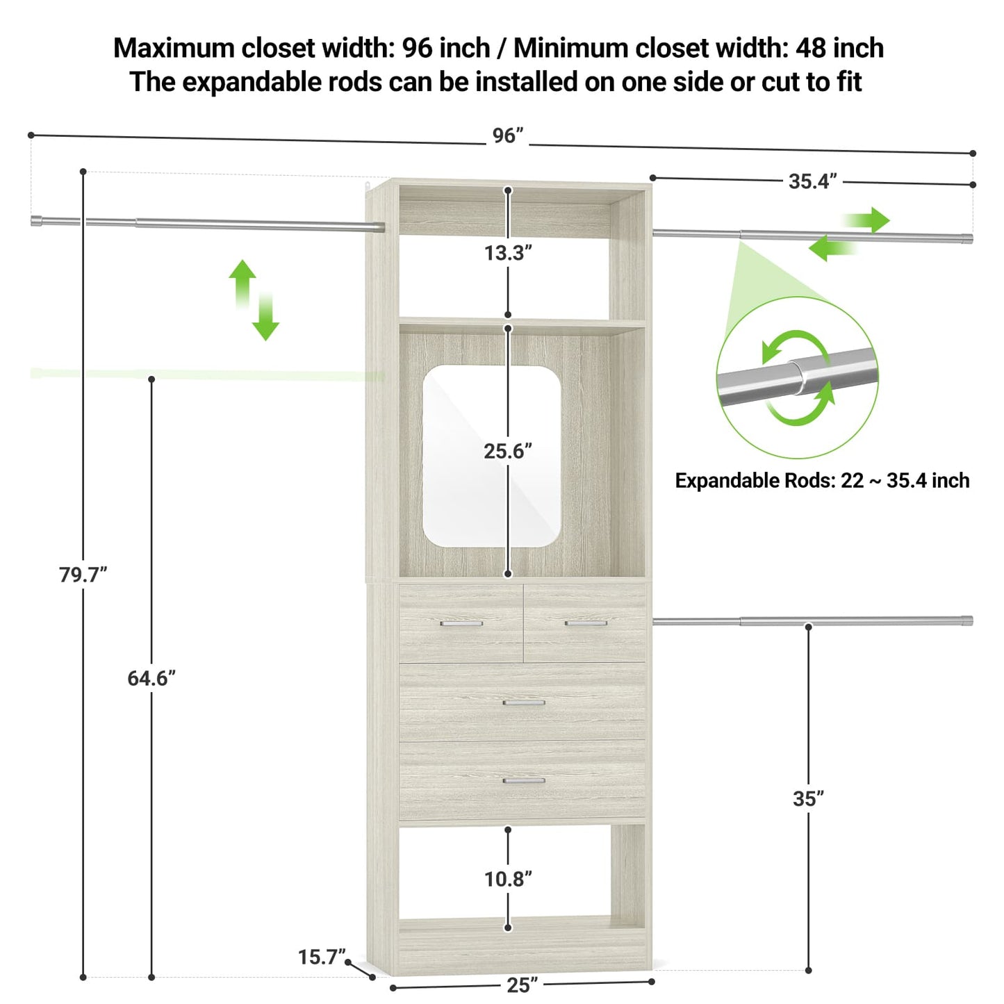 8FT Walk in Closet Systems Starter Kit with 25” Tower and 3 Extendable Hanging Rods