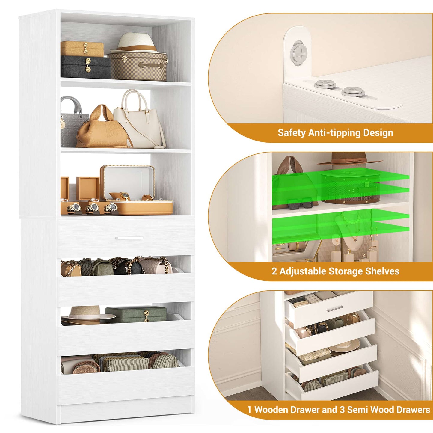 Space-Saving Modular Closet Organizer System with 4 Drawers & Adjustable Shelves - Wood Storage Cabinet