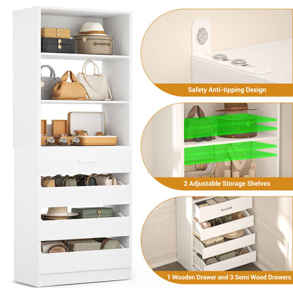 Space-Saving Modular Closet Organizer System with 4 Drawers & Adjustable Shelves - Wood Storage Cabinet