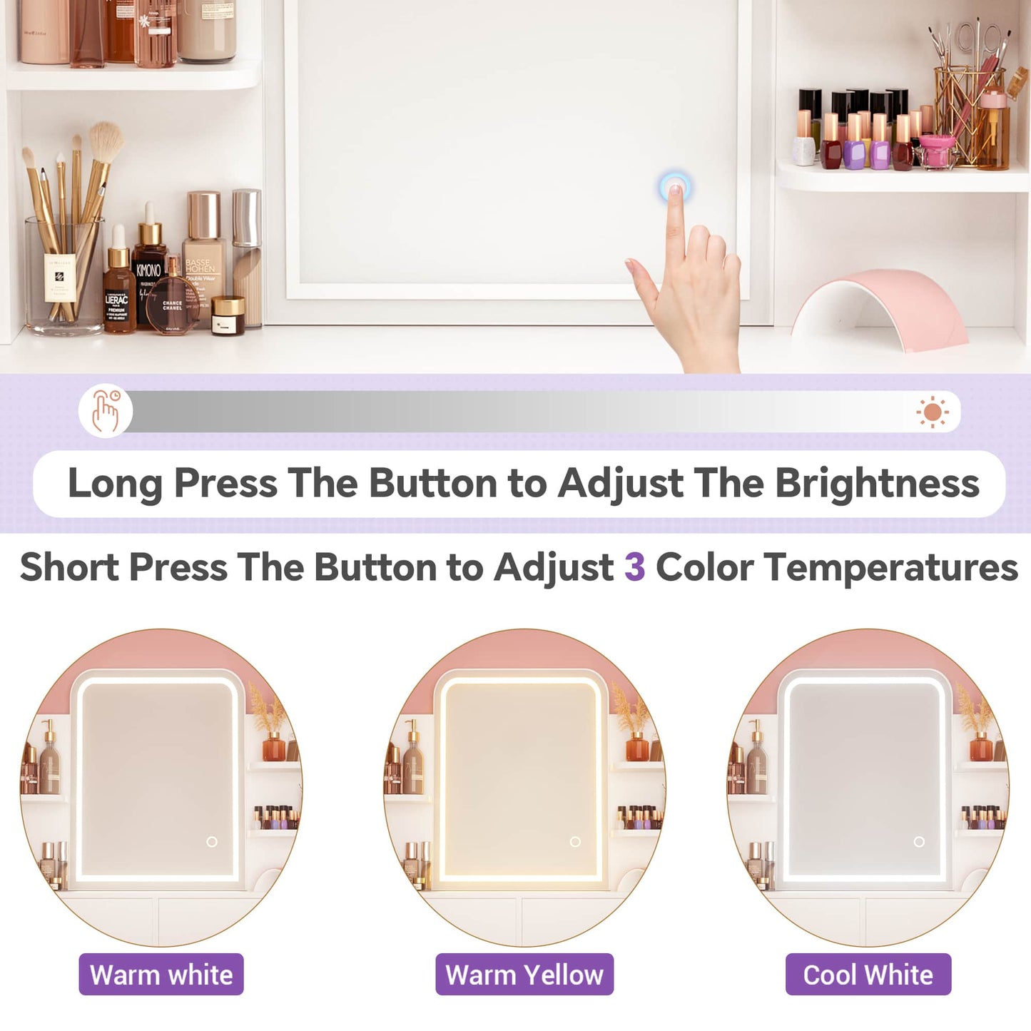Vanity Desk with LED Lighted Mirror, Makeup Desk with 5 Storage Shelves & 2 Drawers, Vanity Table, Modern Dressing Table with 3 Color Lighting
