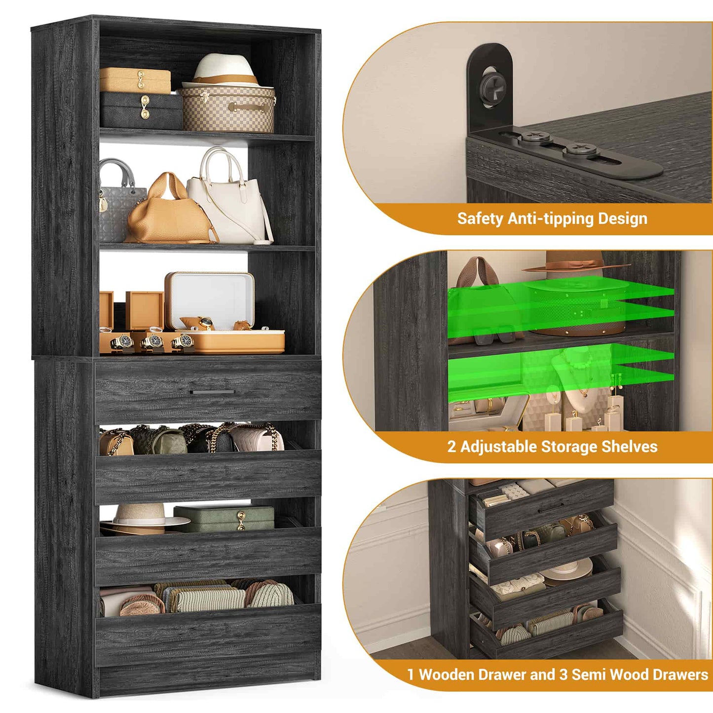 Space-Saving Modular Closet Organizer System with 4 Drawers & Adjustable Shelves - Wood Storage Cabinet