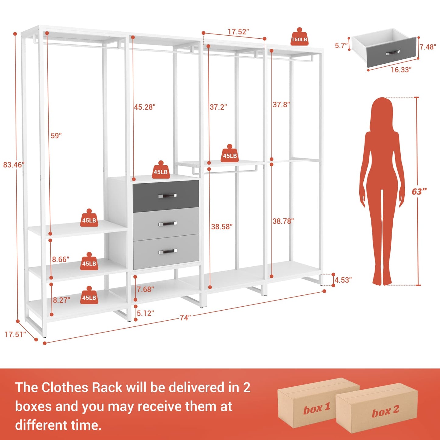 Closet System Organizer Walk-in Closet for Bedroom with 3 Wood Drawers