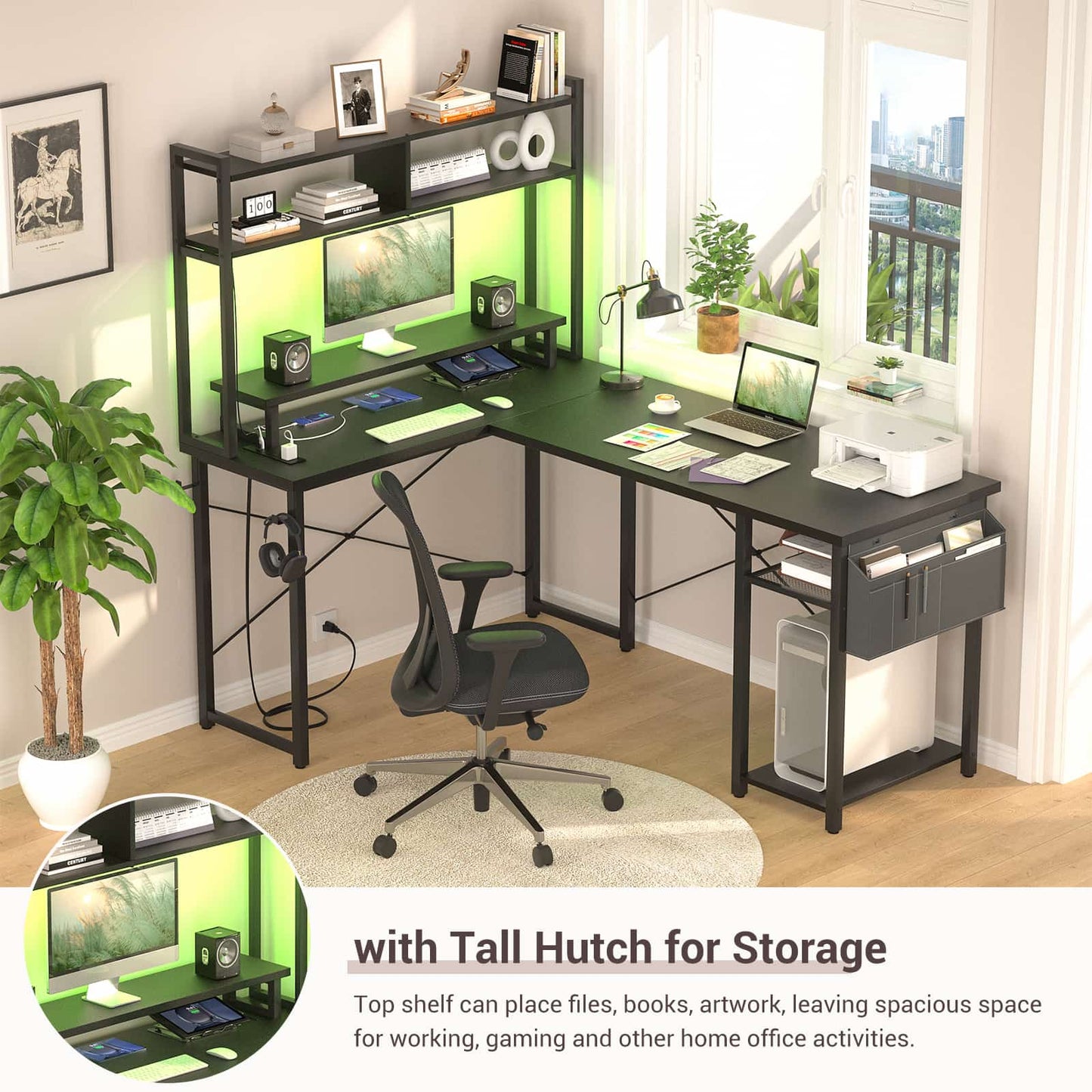 L Shaped Computer Desk with Power Outlets & LED Lights