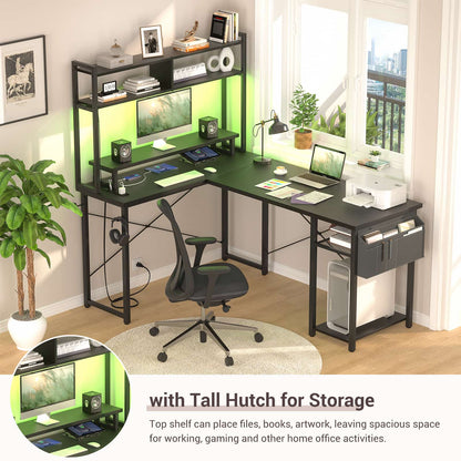 L Shaped Computer Desk with Power Outlets & LED Lights