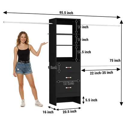 96" Closet System Value 4-Pack with 12 Hanging Rods & 12 Wooden Drawers - Adjustable (5-8FT Each)