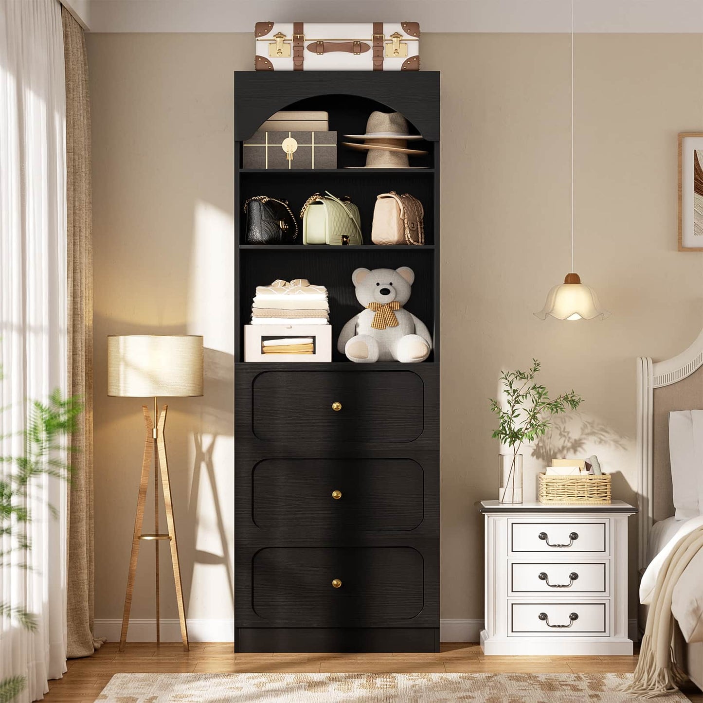 80" Tall Arched Bookcase with 3 Drawers & 3 Open Shelves - Wooden Storage Cabinet for Living Room, Kitchen