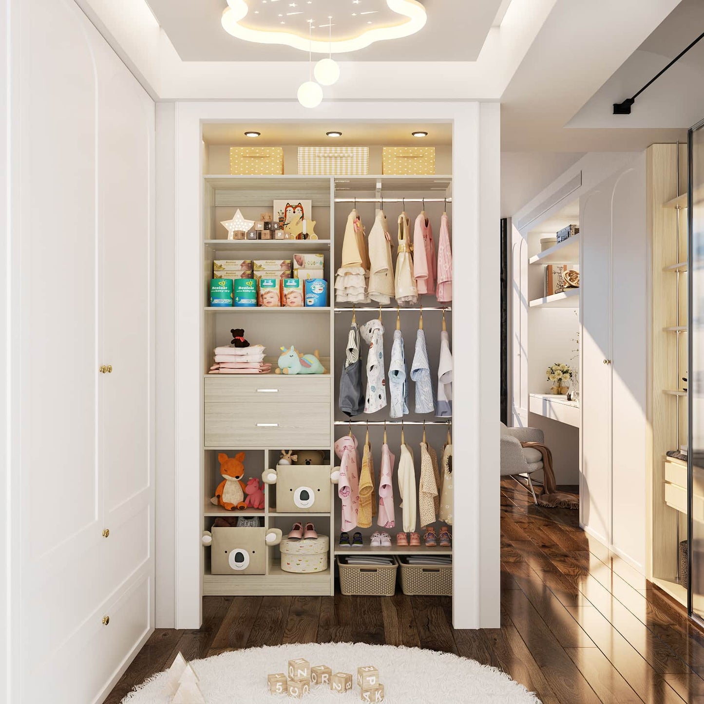 5FT Small Closet System, Baby Closet Organizer System with Wooden Drawers