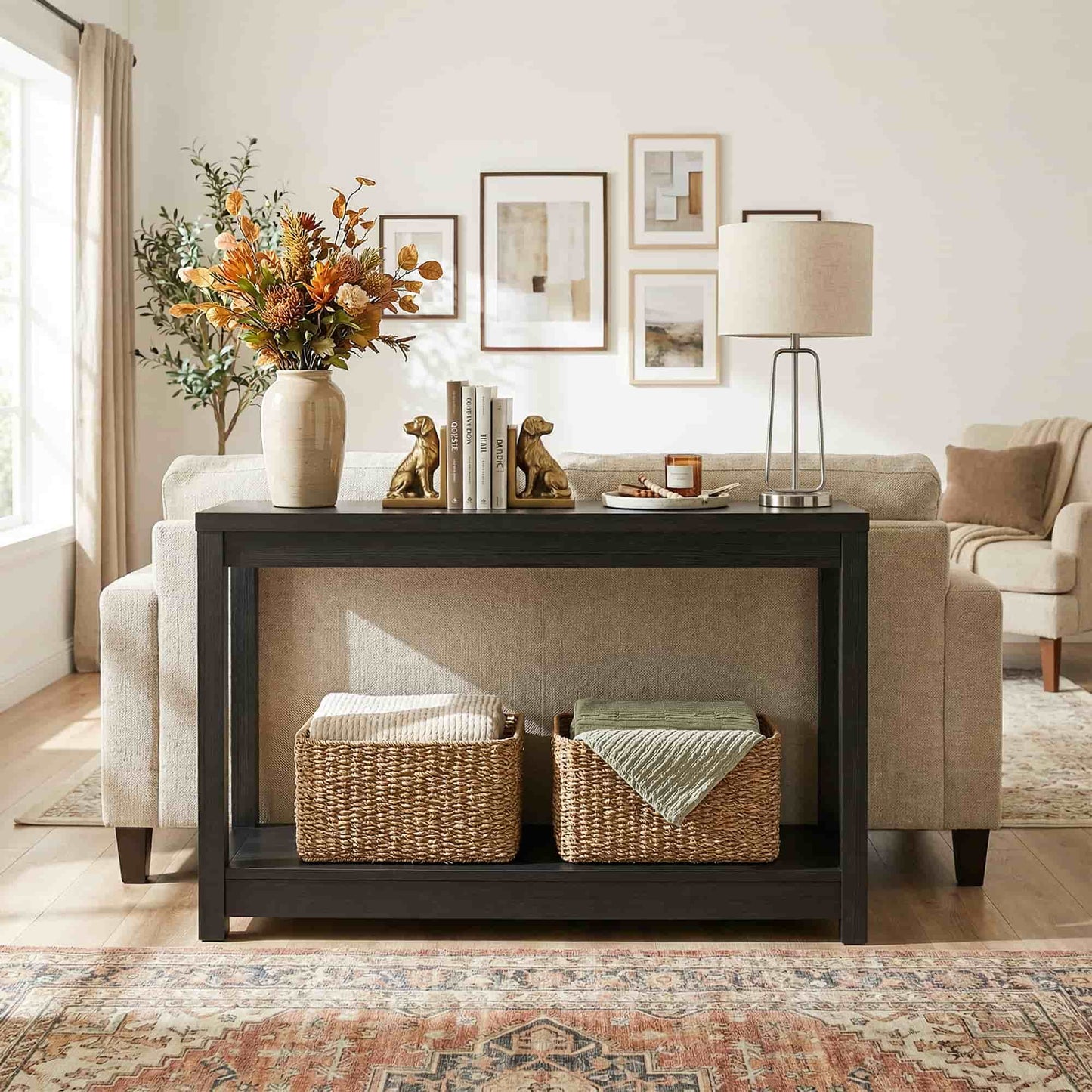 47" Farmhouse Wood Narrow Console Table with Open Storage Shelves: Entryway/Sofa Table, Easy Assembly, Embossed Wood
