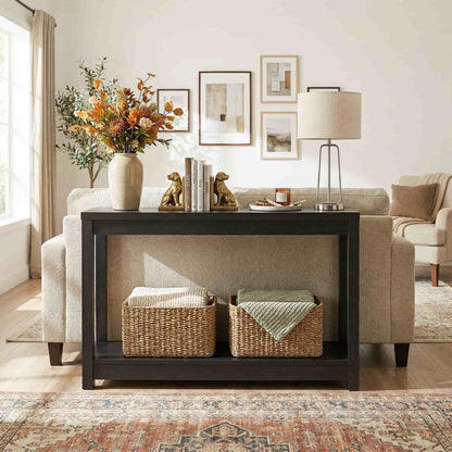 47" Farmhouse Wood Narrow Console Table with Open Storage Shelves: Entryway/Sofa Table, Easy Assembly, Embossed Wood