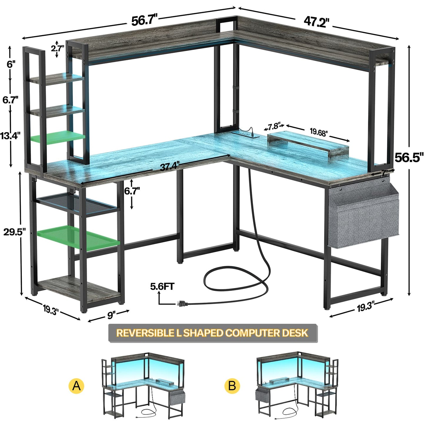 L Shaped Desk with Power Outlet and LED lights