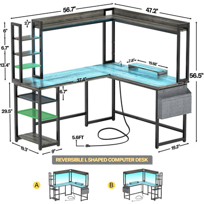 L Shaped Desk with Power Outlet and LED lights