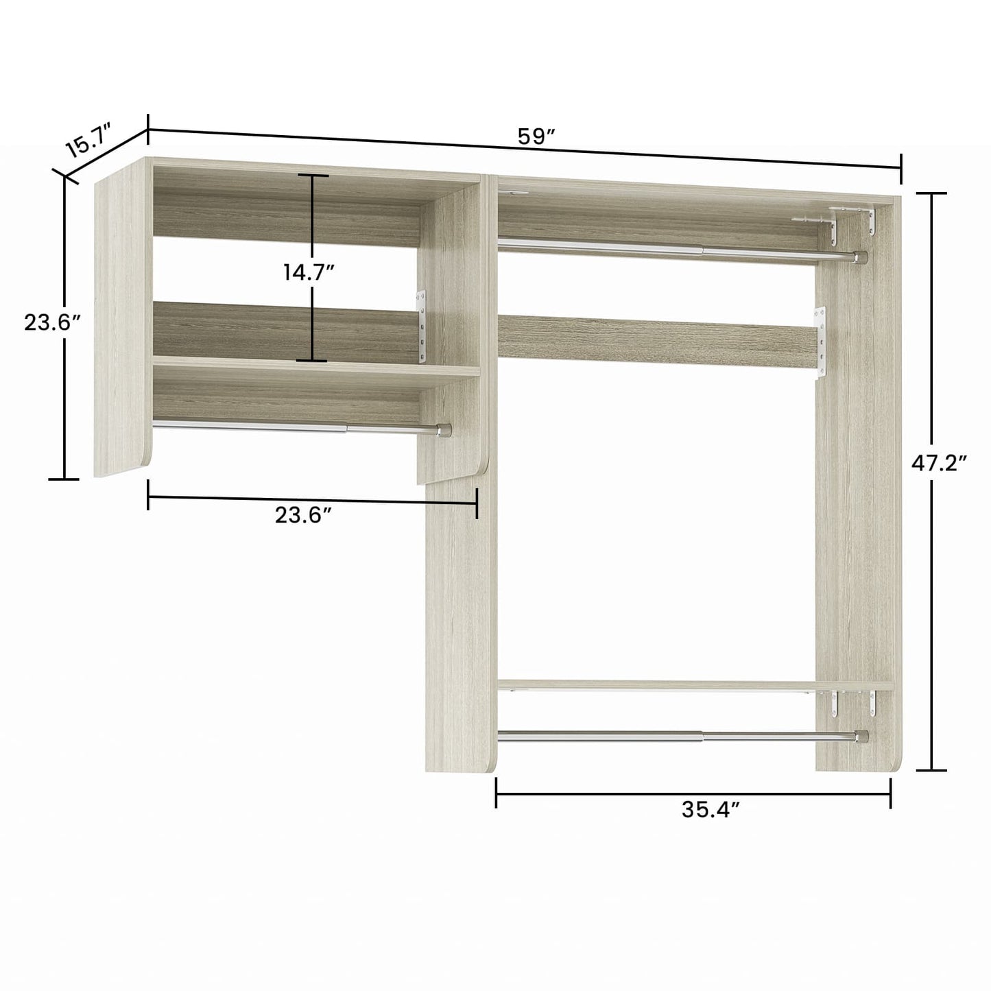 5FT Walk in Wood Clothing Rack with 3 Hanging Rods and 2 Shelves
