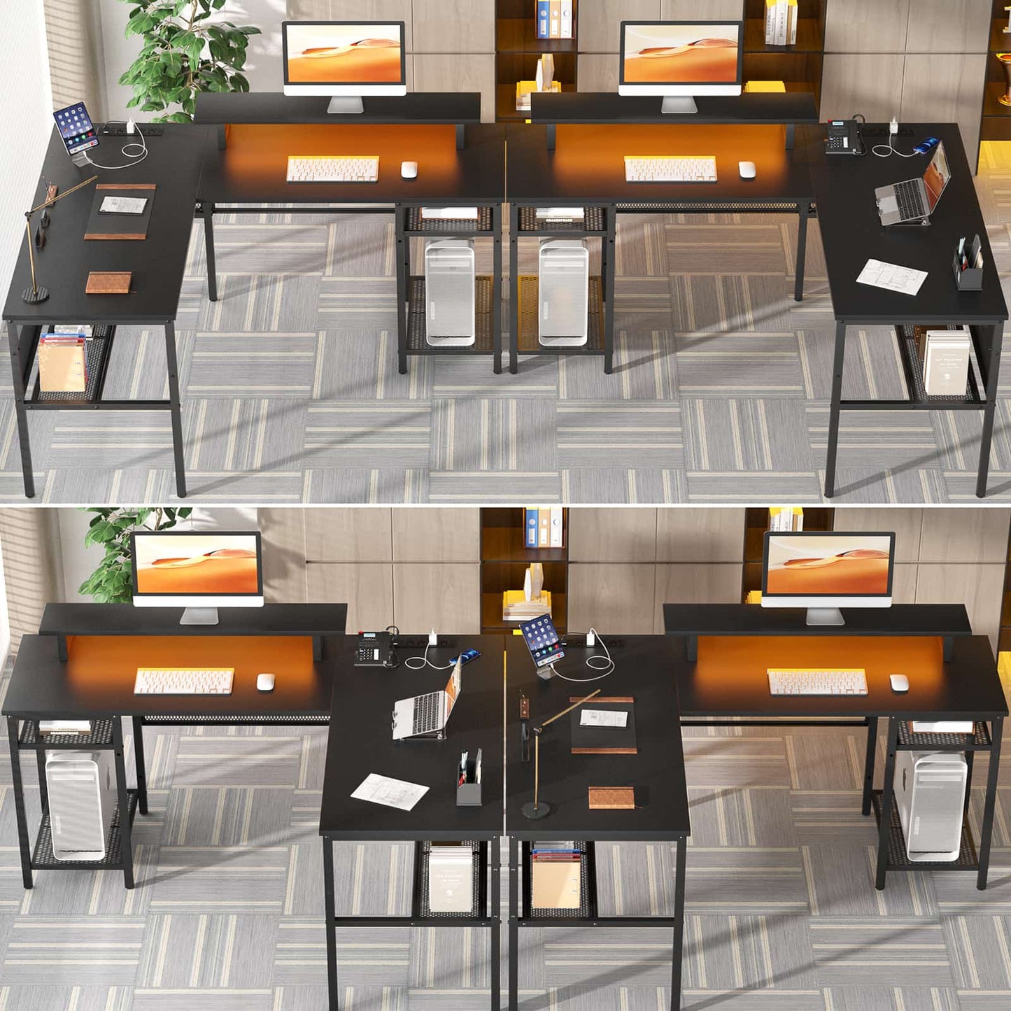 L Shaped Computer Desk with Magic Power Outlets and Smart LED Light