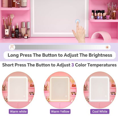 Vanity Desk with LED Lighted Mirror, Makeup Desk with 5 Storage Shelves & 2 Drawers, Vanity Table, Modern Dressing Table with 3 Color Lighting