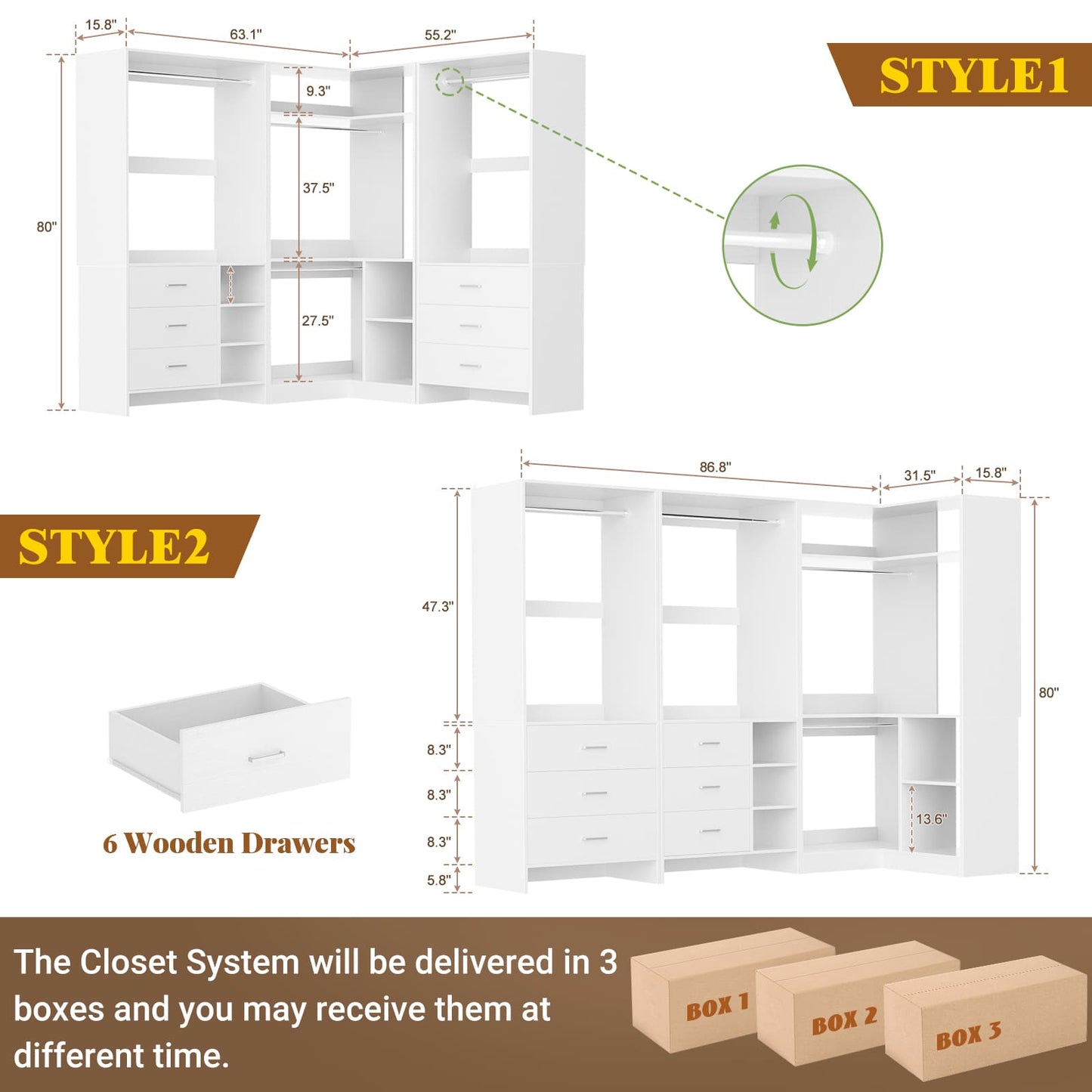 Closet System with 6 Drawers, 4 Hanging Rods & Corner Tower