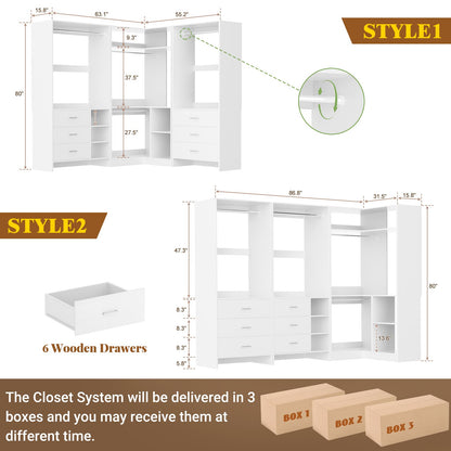 Closet System with 6 Drawers, 4 Hanging Rods & Corner Tower