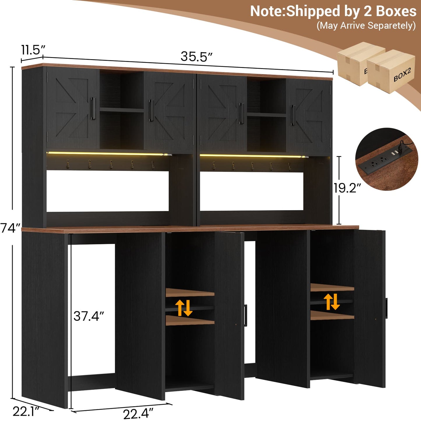 2-Piece Beverage Station Set - Mini Fridge Cabinet & Coffee Bar with Charging Hub, LED Light & Wine Storage