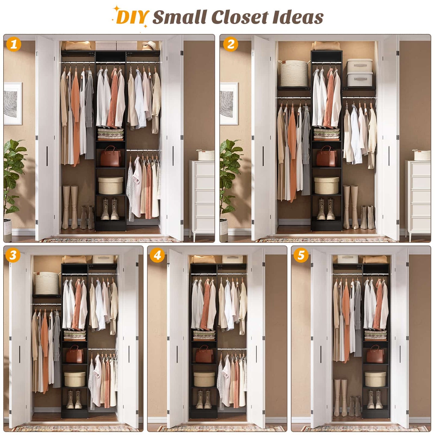 4FT Small Closet System with 4 Closet Rods & 3 Shelves
