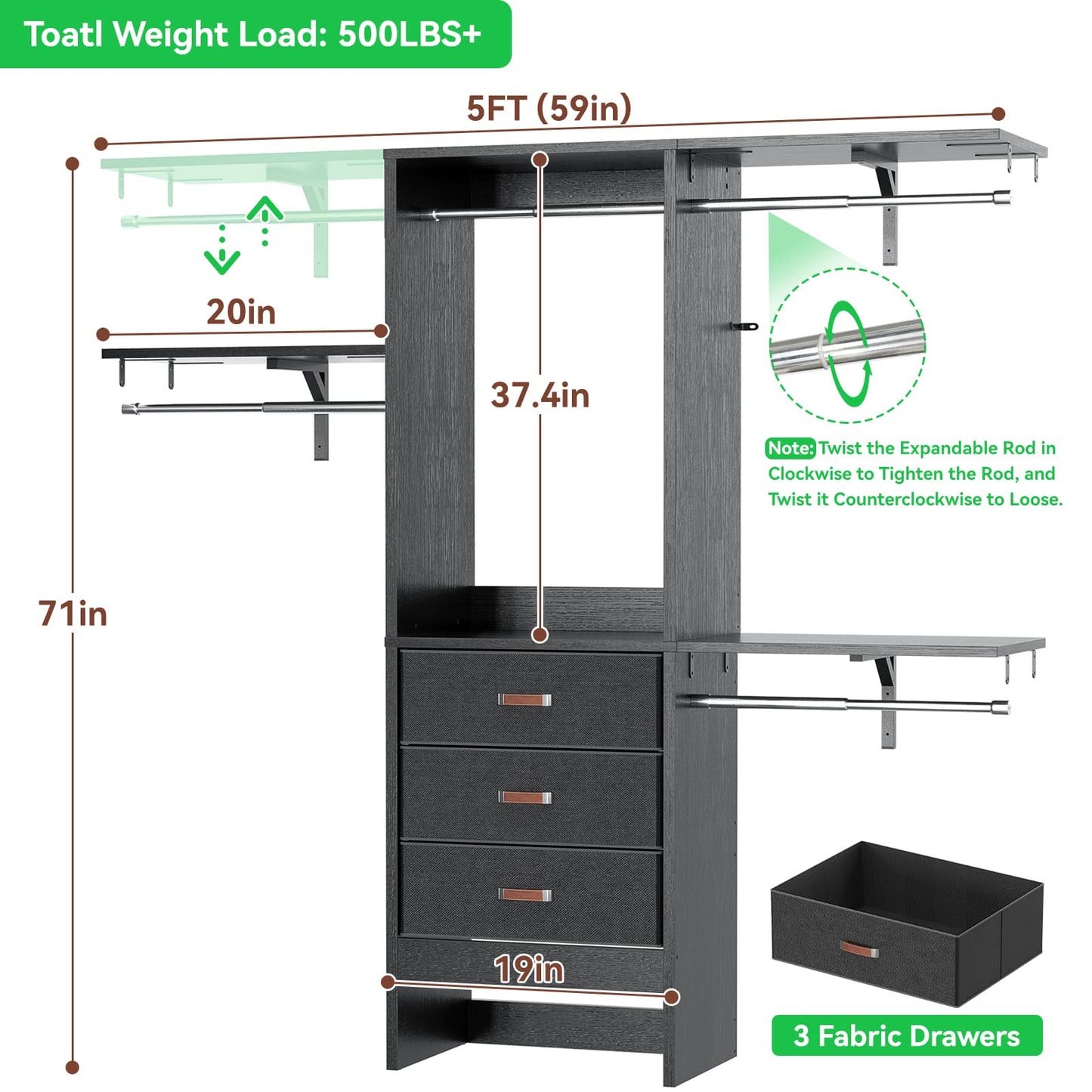 59'' W Small Closet System with 3 Fabric Drawers