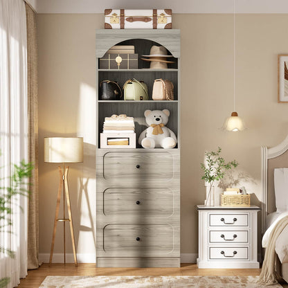 80" Tall Arched Bookcase with 3 Drawers & 3 Open Shelves - Wooden Storage Cabinet for Living Room, Kitchen